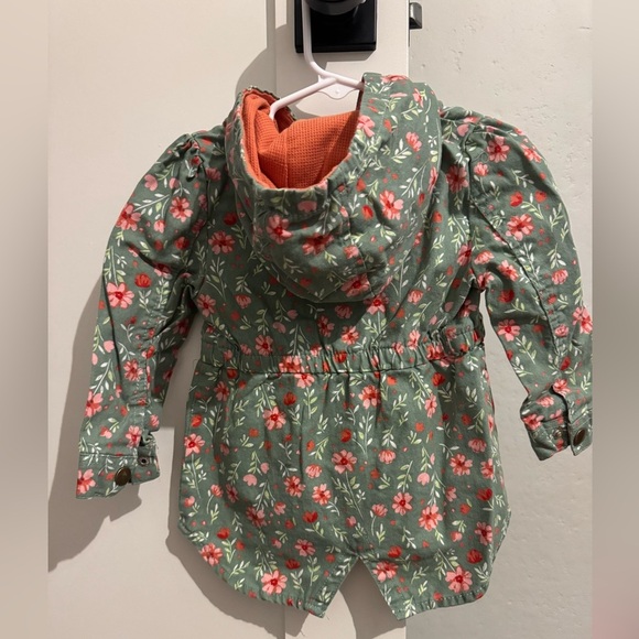 Little Lass girls' green floral cotton blend zip-up hooded utility jacket 2T - Picture 5 of 5